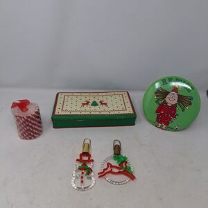 Christmas Bundle Two Ornaments Vintage Reindeer Tin Red White Candle Holiday